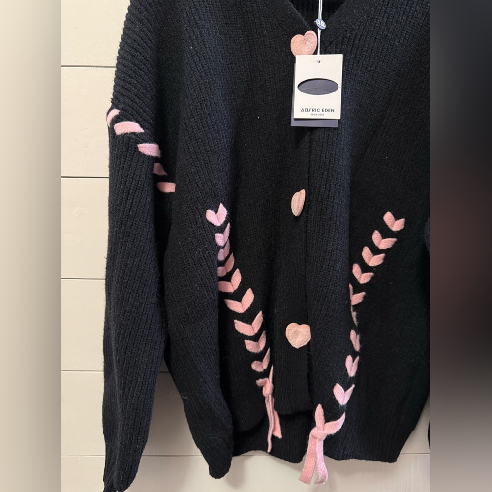 NWT Aelfric Eden Pink Black Hearts Ribbon Knit Sweater Cardigan Small Preppy - Picture 2 of 5